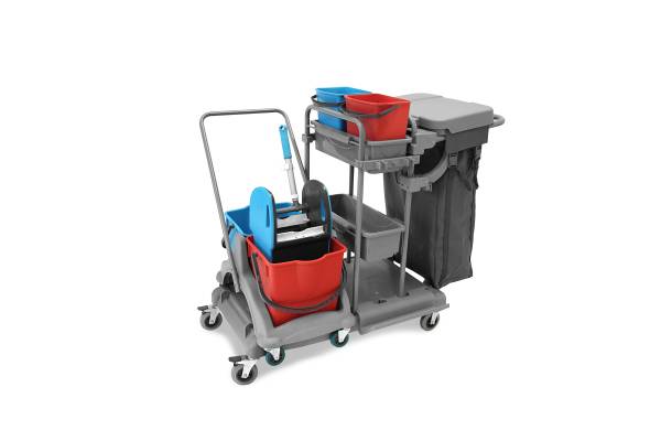 Kombi-Doppelfahrwagen, 2 x 5l + 2 x 18l Eimer, Mopp-Presse, 100l Leinentasche