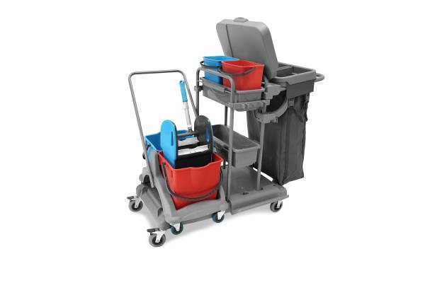 Kombi-Doppelfahrwagen, 2 x 5l + 2 x 18l Eimer, Mopp-Presse, 100l Leinentasche