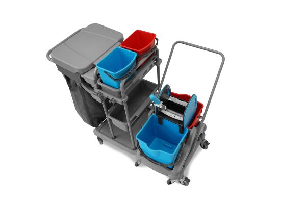 Kombi-Doppelfahrwagen, 2 x 5l + 2 x 18l Eimer, Mopp-Presse, 100l Leinentasche