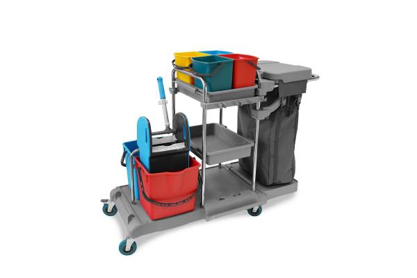 Reinigungswagen, 4 x 5l + 2 x 18l Eimer, Mopp-Presse, 100l Leinentasche