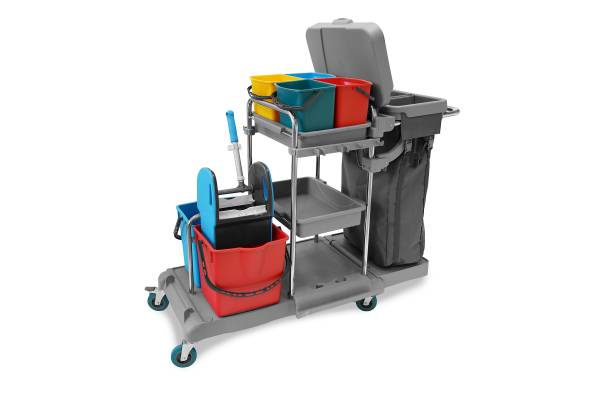 Reinigungswagen, 4 x 5l + 2 x 18l Eimer, Mopp-Presse, 100l Leinentasche