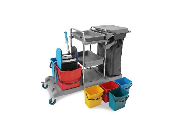 Reinigungswagen, 4 x 5l + 2 x 18l Eimer, Mopp-Presse, 100l Leinentasche