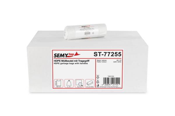 HDPE Müllbeutel mit Tragegriff, weiß, 60 Liter, 40 Rollen