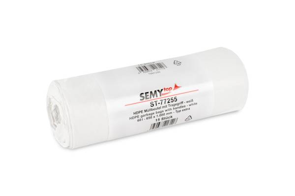 HDPE Müllbeutel mit Tragegriff, weiß, 60 Liter, 40 Rollen