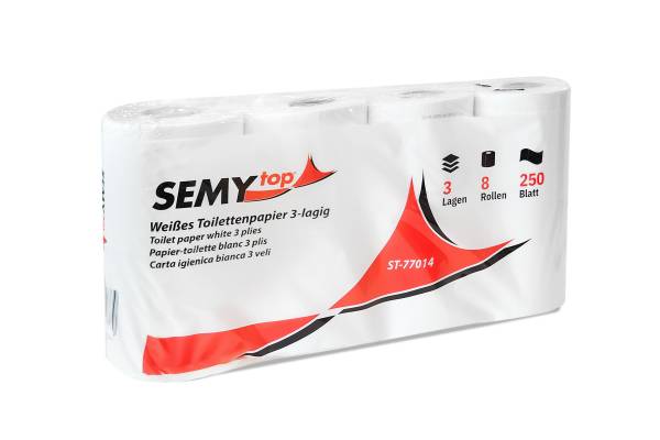 SemyTop Toilettenpapier, 3-lagig mit Prägung, 250 Blatt, 3 x 64 Rollen