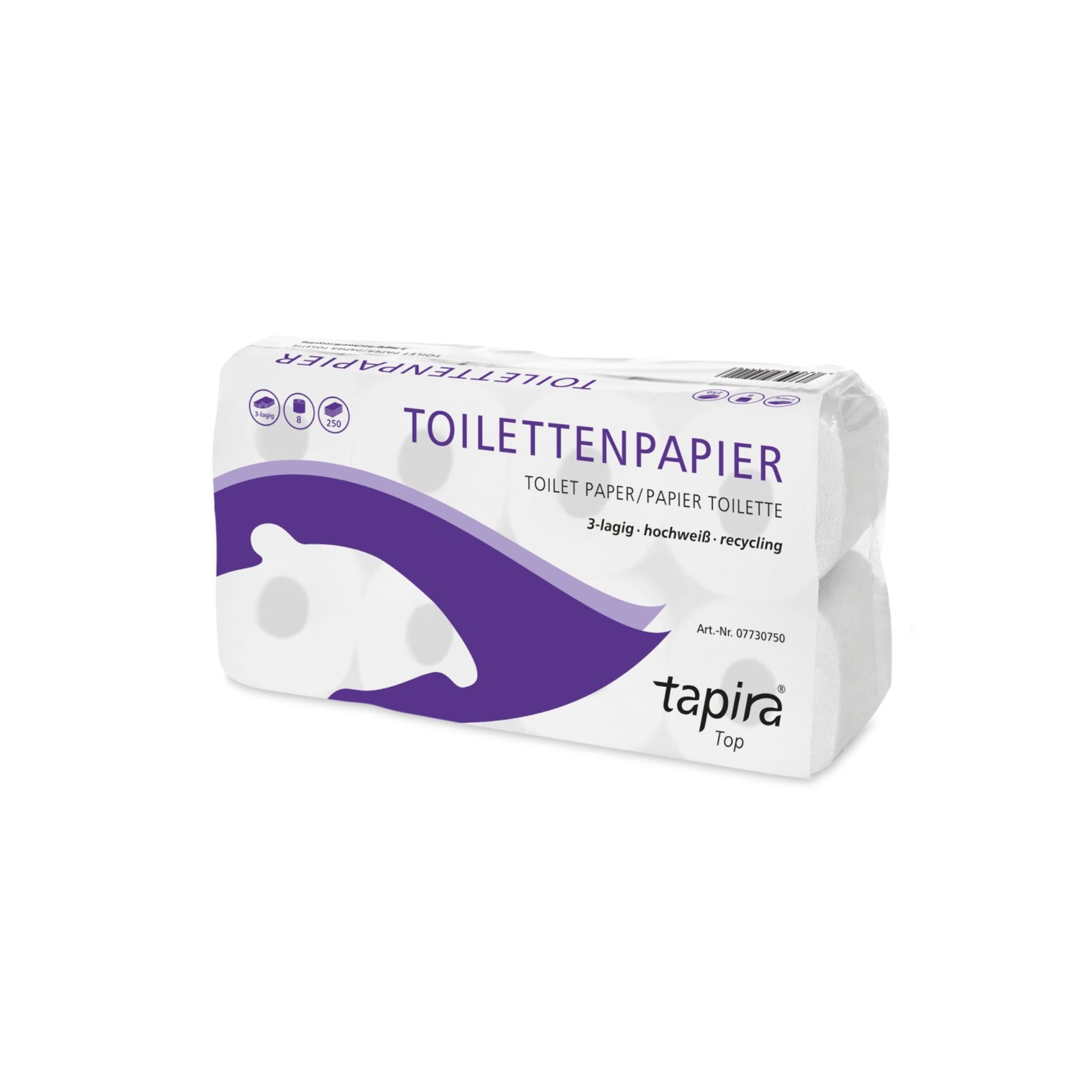 Tapira "Top" Toilettenpapier, 3‑lagig, hochweiß, Recycling, 64 Rollen à 250 Blatt